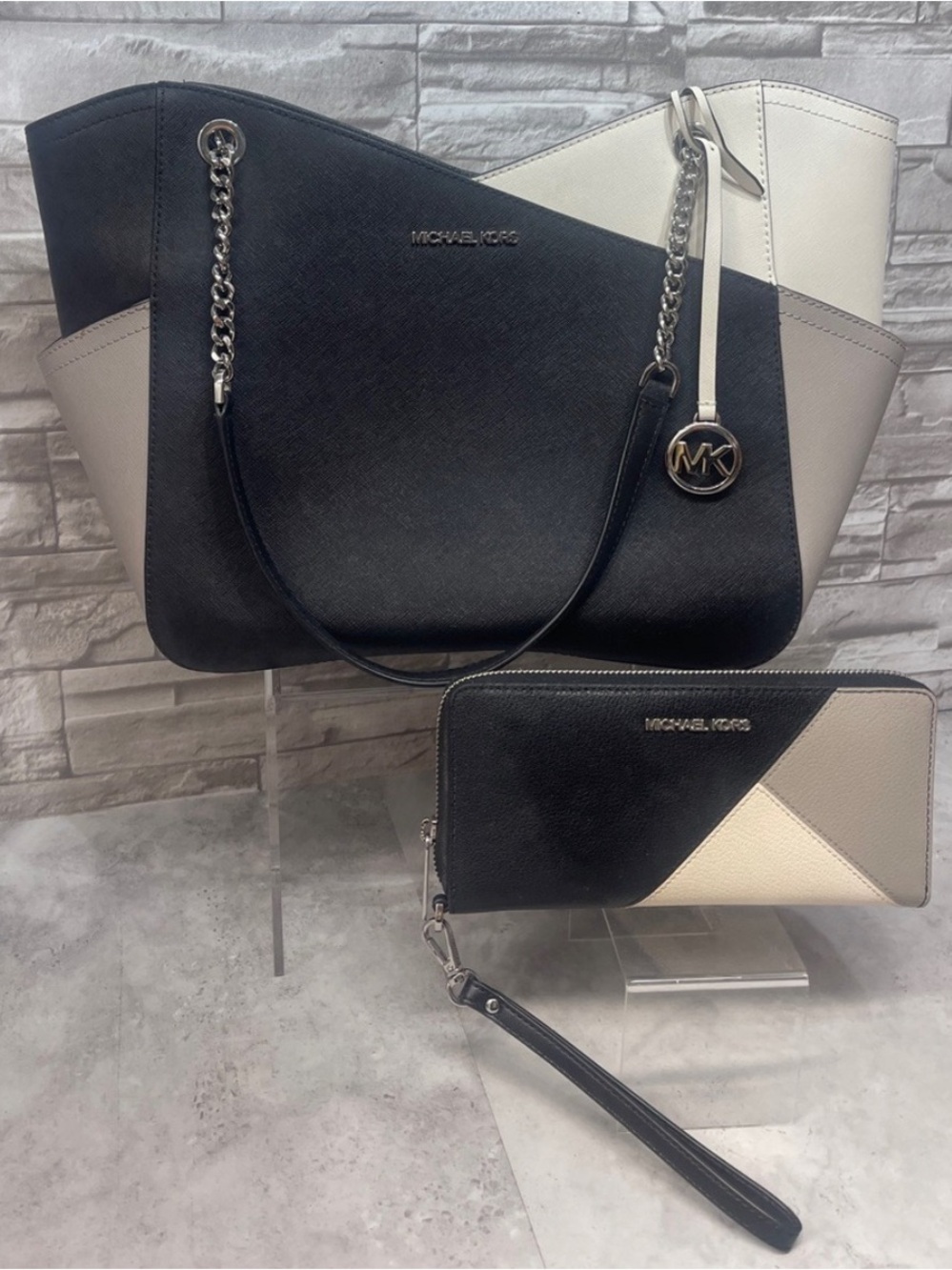 Michael Kors Black, White & Gray Colorblock Large Chain Tote & Matching Wallet